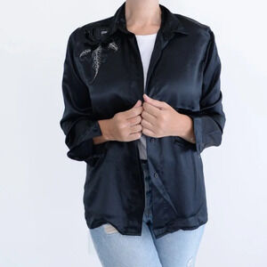 Vintage PeriWinkle Black Long Sleeve Blouse with Collar Size XLarge